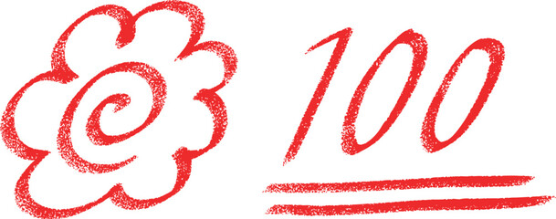 赤いクレヨンタッチの花丸と100点アイコンセット　Adobe Illustrator Artwork