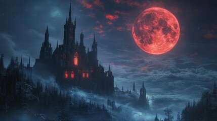 Naklejka premium An eerie haunted castle stands under glowing blood moon, surrounded by a mesmerizing enchanted forest that comes alive at night, creating a perfect scene filled with mystery and supernatural elements