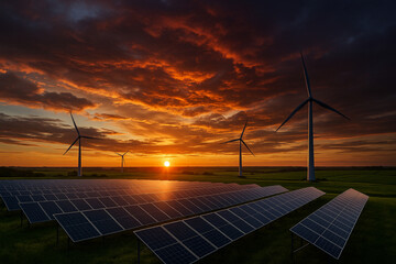 Solar Panels and Wind Turbines at Sunset &ndash; Clean Renewable Energy Landscape