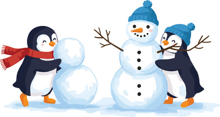 Cute winter illustration of penguins building a snowman together, wearing colorful scarves and hats, enjoying snowy fun and friendship outdoors.