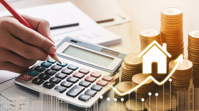 Calculate real estate growth with calculator and coins for financial planning - Powered by Adobe