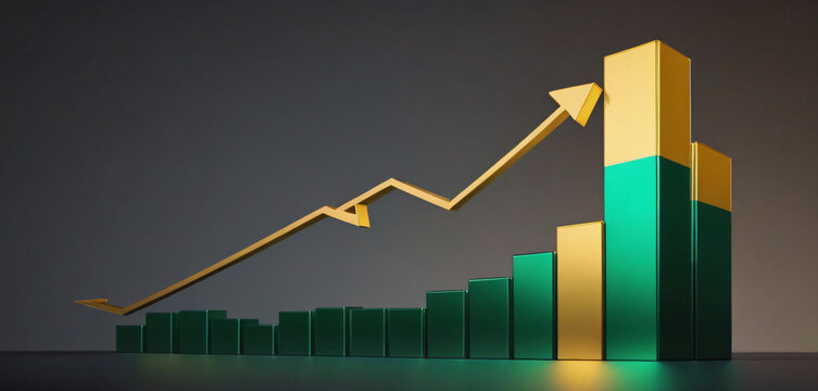 There is a green and gold bar chart with an arrow going up illustration design elements movement gesture frame creative scene style colorful emotion depth composition expression backgrounds