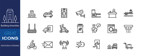 A set of 21 editable stroke icons illustrating various building amenities such as parking, security, reception, gym, pool, and more. Perfect for real estate and facility design