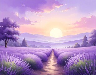 Lavender field path at sunrise.  Pastel purple landscape with a path through a field of lavender leading to a sunrise over rolling hills