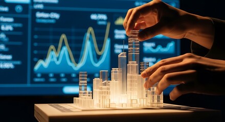 Architectural model of a city skyline hands adjusting the buildings with financial data in the backg