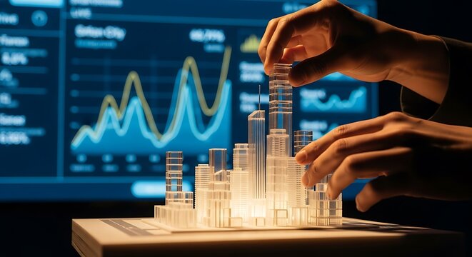 Architectural model of a city skyline hands adjusting the buildings with financial data in the backg