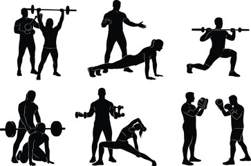 Fitness training silhouette set, gym workout poses, boxing and yoga icons, weightlifting figures, coaching scenes, vector isolated, editable