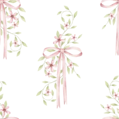 It's a girl. Watercolor hand-drawn seamless pattern with tenderness leaves and pink flowers and bows. Cute print for kids. © Nellya Egorova