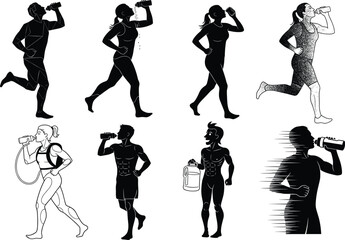 Hydration icon set, drinking silhouette vector, fitness and futuristic poses, water bottle, health concept, motion, line illustration