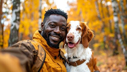 Man and dog selfie in autumn forest (2)