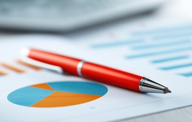 Red pen marking finance report with colorful graphs in minimal industrial setting
