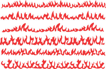 Red flame border set. Fire seamless dividers and burning line elements. Cartoon fire frame for decoration, racing, or hot design themes.