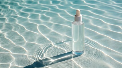 makeup remover in a transparent container near the pool