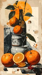 Still life of oranges, bottle, and mug on textured background