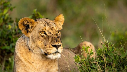 Lioness amidst the savannah, looking intently