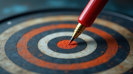 Red pen precisely hitting the bullseye on a dartboard target