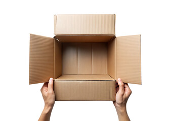 Hands holding open an empty cardboard shipping box isolated on transparent background