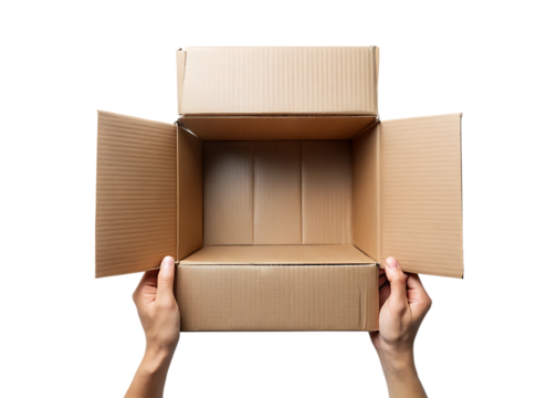 Hands holding open an empty cardboard shipping box isolated on transparent background