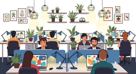Creative Open Space Office with Workers Vector Interior Illustration for Modern Business