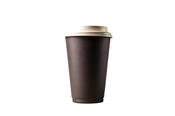 A tall brown disposable coffee cup with a white lid isolated on a transparent background for easy use isolated on transparent background
