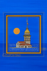 Hand-painted miniature of Istanbul’s Maiden’s Tower in vivid blue and gold tones. Perfect for cultural, decorative, or travel-themed designs.. (Fixed with AI)