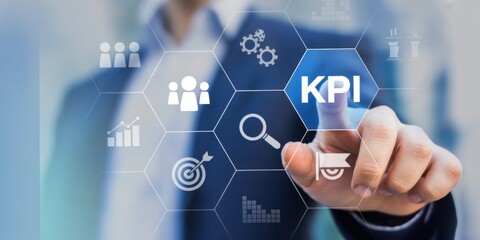 Fototapeta premium KPI Visualization: A hand interacts with an interactive digital interface, highlighting the vital Key Performance Indicators (KPIs) crucial for business strategy and data-driven success.