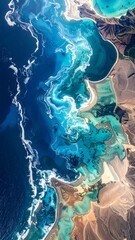 Aerial view of vibrant coastal landscape.  Coastal hues, textured terrain