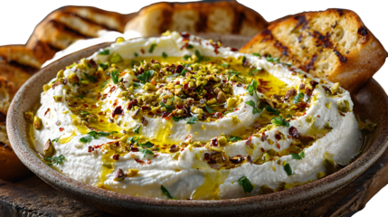 Delicious whipped ricotta dip with pistachios and olive oil, served with grilled bread, perfect for sharing at a restaurant or a home gathering