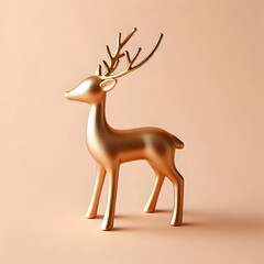 A small golden reindeer figurine with minimal design, isolated on a pastel beige background, elegant holiday decoration, realistic metallic texture