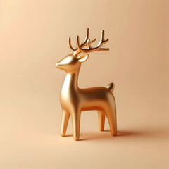 A small golden reindeer figurine with minimal design, isolated on a pastel beige background, elegant holiday decoration, realistic metallic texture