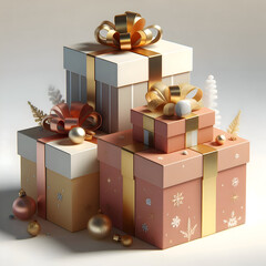 A stack of Christmas gift boxes in different sizes and colors, isolated on a clean white background, soft shadow and festive modern look, realistic 3D render
