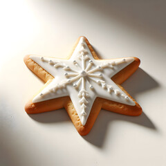 A star-shaped Christmas cookie decorated with white icing, isolated on a clean background, soft light and natural shadows, realistic food illustration