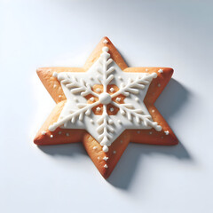 A star-shaped Christmas cookie decorated with white icing, isolated on a clean background, soft light and natural shadows, realistic food illustration