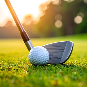Golf club poised over a golf ball on a green