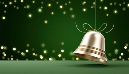 Gold bell christmas green bokeh ornament hanging festive holiday decoration warm light celebration