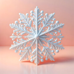 A detailed white snowflake ornament made of glass or acrylic, isolated on a pastel background, delicate reflections, elegant and realistic 3D render
