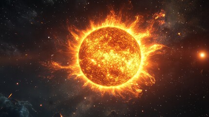 Naklejka premium Ultra realistic fiery Sun in deep space with solar flares glowing symbolizing astronomy, science, energy, star, galaxy, universe, plasma, heat, cosmic power, fire, light stellar beauty, and mystery