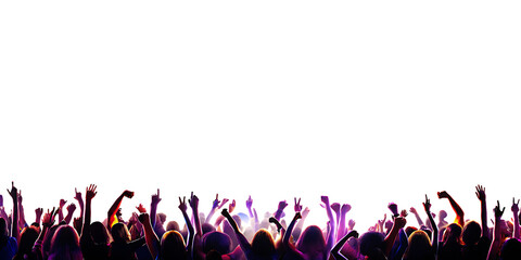 excited crowd with raised hands at concert isolated on white background, png, ai generated