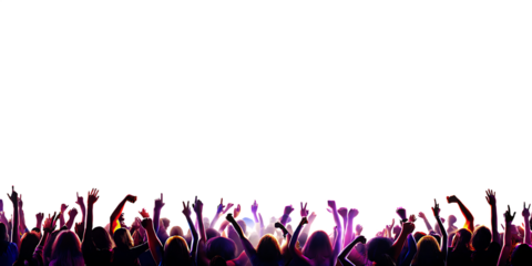 excited crowd with raised hands at concert isolated on white background, png, ai generated