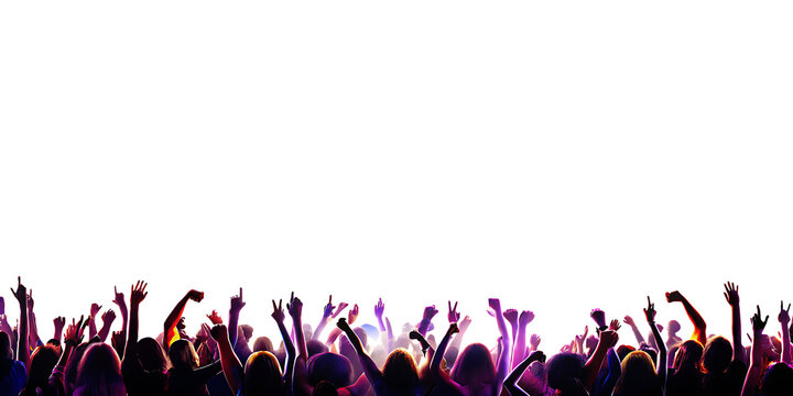excited crowd with raised hands at concert isolated on white background, png, ai generated