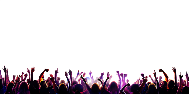 excited crowd with raised hands at concert isolated on white background, png, ai generated