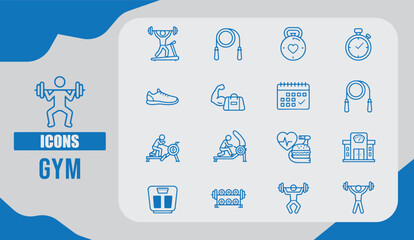  Modern Gym Icon Set Featuring Dumbbells, Kettlebells, Barbells, and Fitness Equipment Symbols