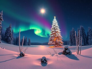 Peaceful snowy forest where northern lights form a glowing Christmas tree in the night sky, radiating vibrant colors, magical energy, and festive beauty across a tranquil winter wonderland landscape
