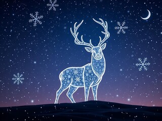Vast winter night sky illuminated by swirling snowflakes shaping a glowing stag, blending magical winter beauty, seasonal wonder, and timeless festive symbolism into a captivating holiday atmosphere