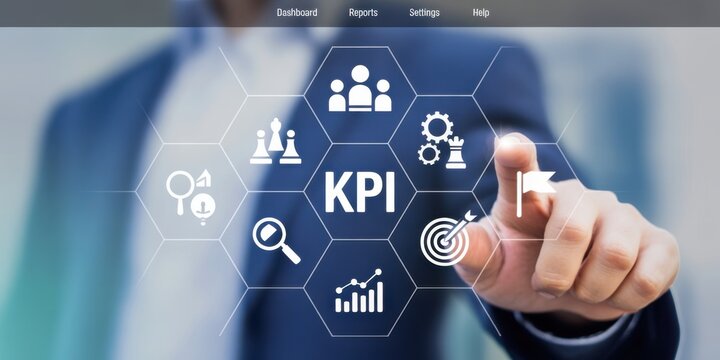 KPI Dashboard: A person interacts with a futuristic digital interface, pointing to the Key Performance Indicators (KPI), visualizing crucial business metrics, and driving towards success.