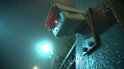 Rain-Soaked Security Camera with Red Infrared Glow