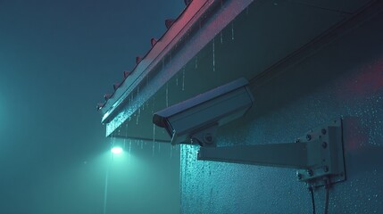 Misty Rain Alley with Surveillance Camera Mounted on Wall