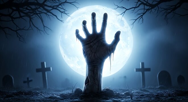 Halloween concept, dead man's hand coming out from the grave
