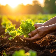 Hands tending young lettuce plants in rich soil, sunset backdrop