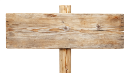 Rustic weathered wooden signpost with blank plank for text isolated on transparent background